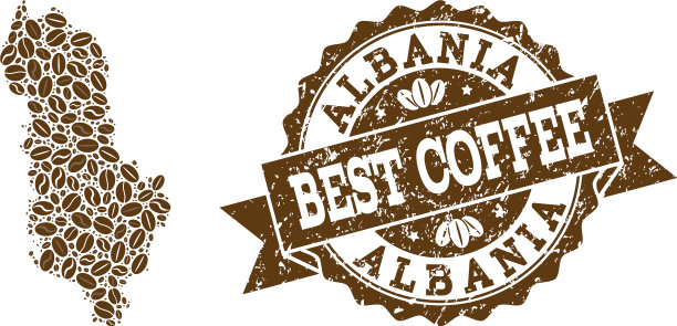 阿尔巴尼亚的拼贴地图，上面有咖啡豆和图片下载