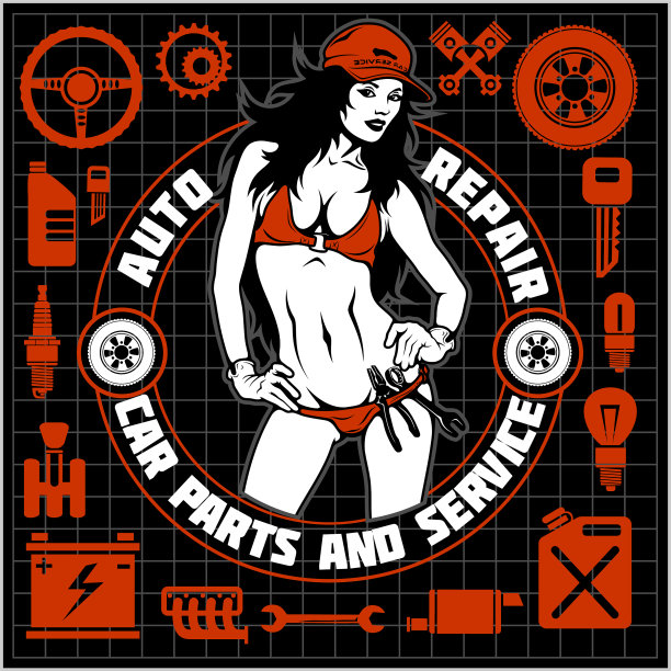 女孩在比基尼和汽车服务图标-标签图片下载