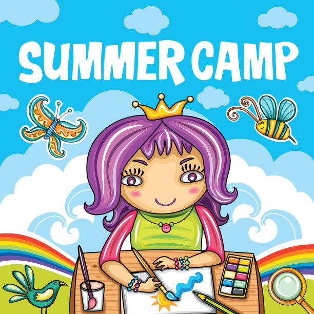 彩色花卉海报与小女孩绘画图片下载