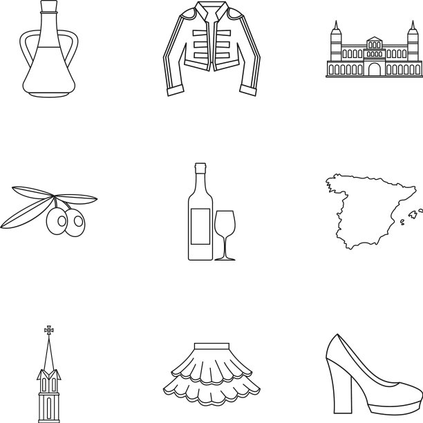 西班牙假日图标设置轮廓风格图片下载