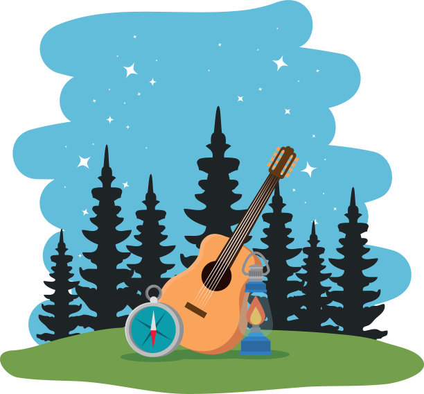有吉他和指南针场景的露营区图片下载