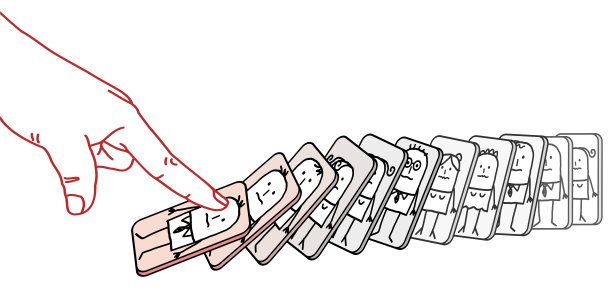 人类的大手指压在卡通人物身上，就像多米诺骨牌效应图片下载