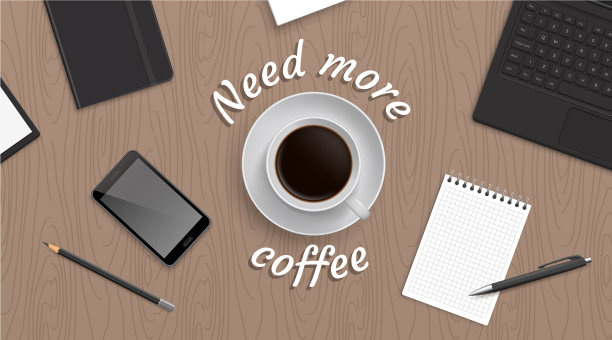 顶视图的工作场所与咖啡图片下载