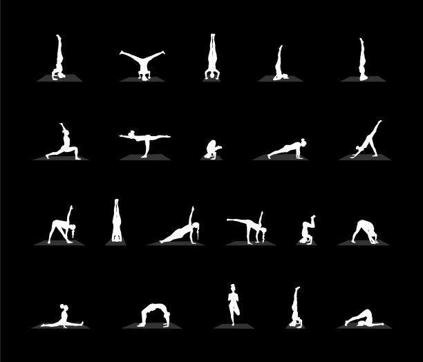瑜伽姿势的轮廓设置在黑色的背景图片下载