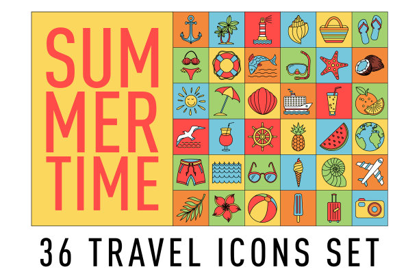 夏季设定36个旅行图标细线风格图片下载