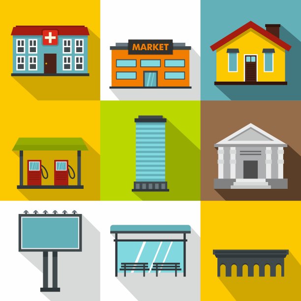 建筑的城市图标设置扁平风格图片下载