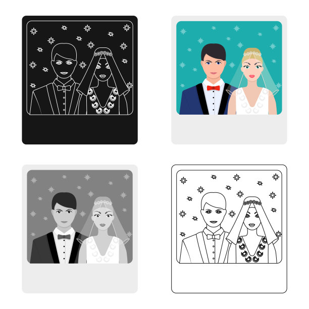 墙上挂着新娘和新郎的照片图片下载