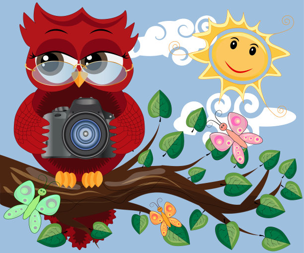 一只戴着眼镜和照相机的红色甜猫头鹰坐在上面图片下载