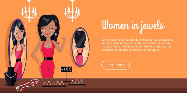 在镜子珠宝旗帜前佩戴珠宝的女人图片下载