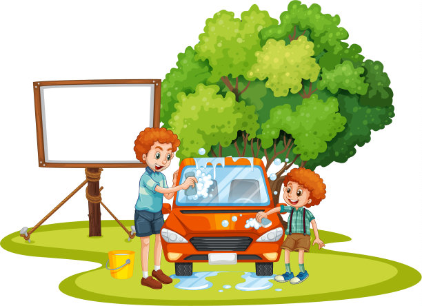 爸爸和儿子在草坪上洗车图片下载
