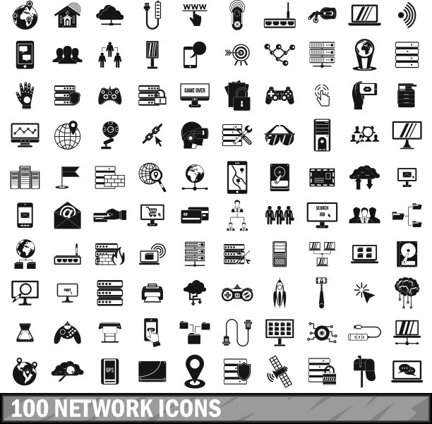 100个网络图标设置简单风格图片下载