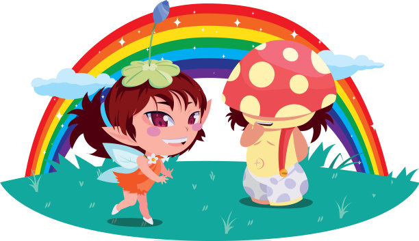 美丽的魔法仙女和带彩虹的蘑菇精灵图片下载