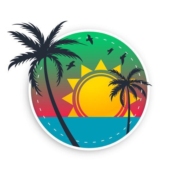 热带海滩标签与太阳鸟和棕榈树图片下载