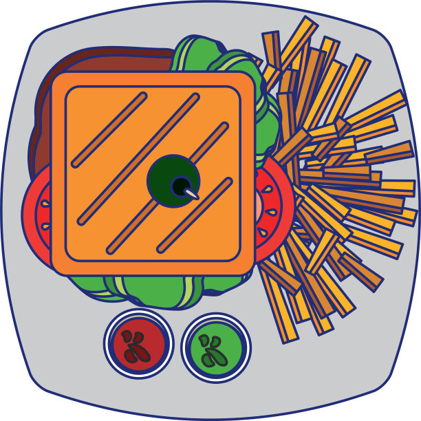 蓝盘上有三明治和薯条，配酱汁图片下载