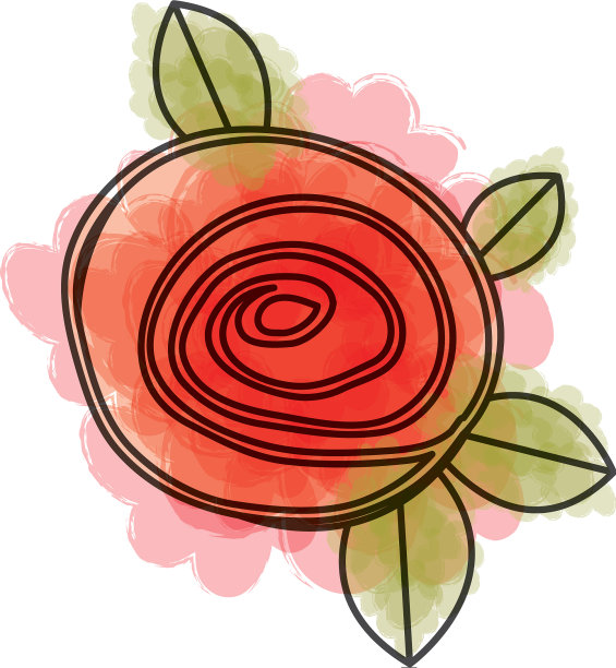 水彩画钮扣红玫瑰与树叶图片下载