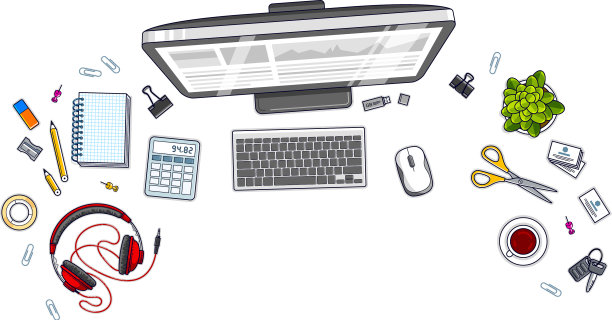 办公室办公桌工作空间俯视图与电脑图片下载