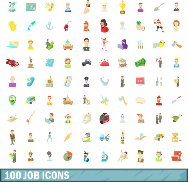 100个工作图标设置卡通风格图片下载