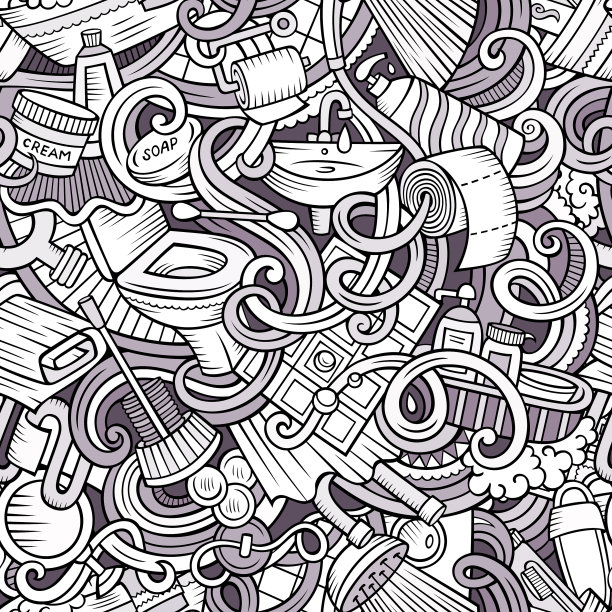 卡通可爱涂鸦浴室无缝图案图片下载