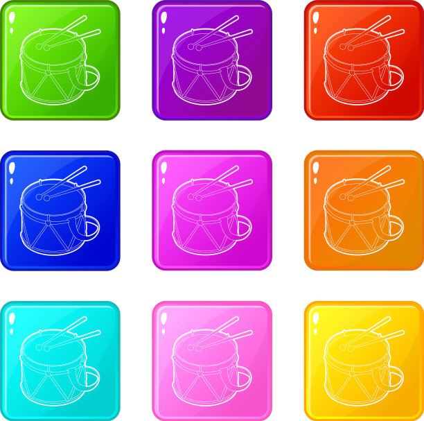 玩具鼓图标集9种颜色收藏图片下载