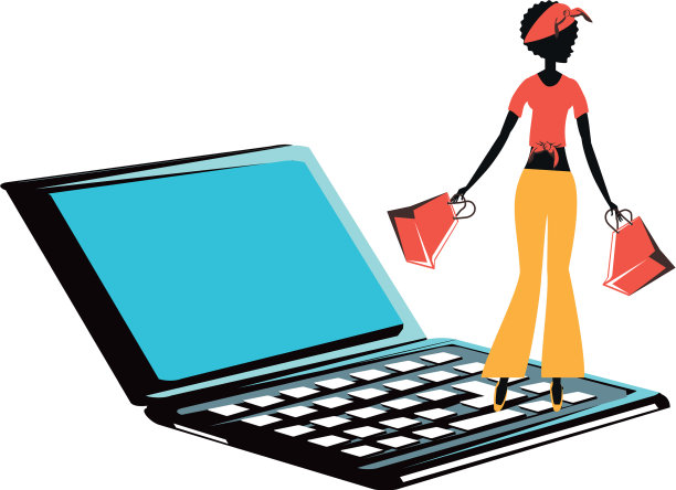 女人剪影购物袋在笔记本电脑图片下载