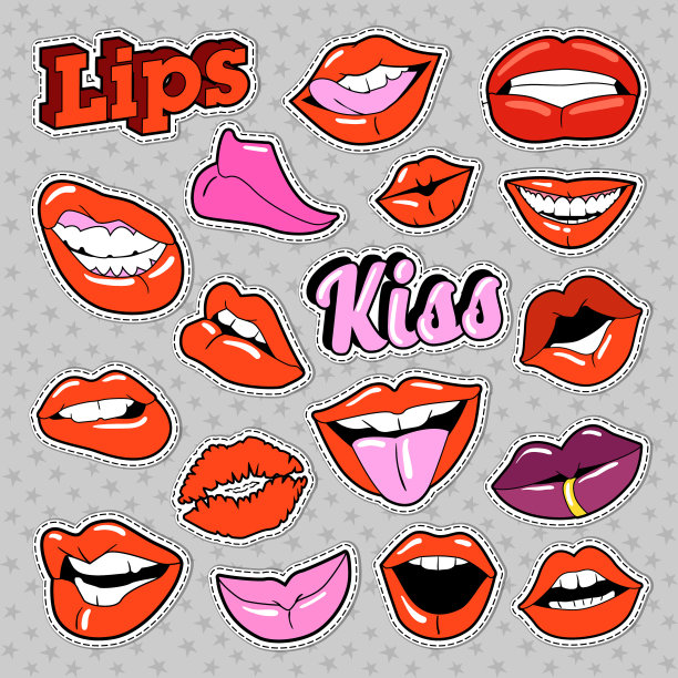 女人的嘴唇设置亲吻和微笑的印花图片下载