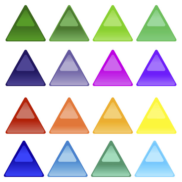 不同的按钮，饱和的颜色在一个三角形的形状与镜子的效果。多色三角形按钮上的白色背景。矢量图形。股票的照片。图片下载