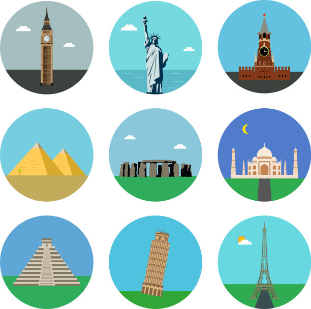 世界地标平面图标设置图片下载