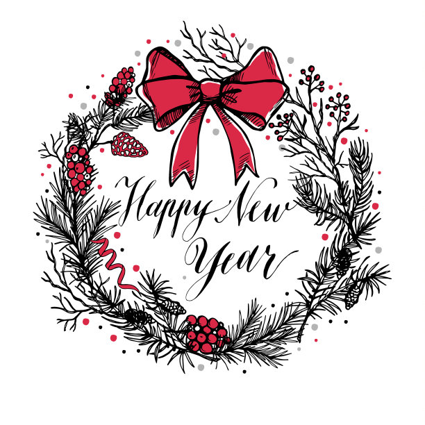 手绘圣诞花环与红色的蝴蝶结和图片下载