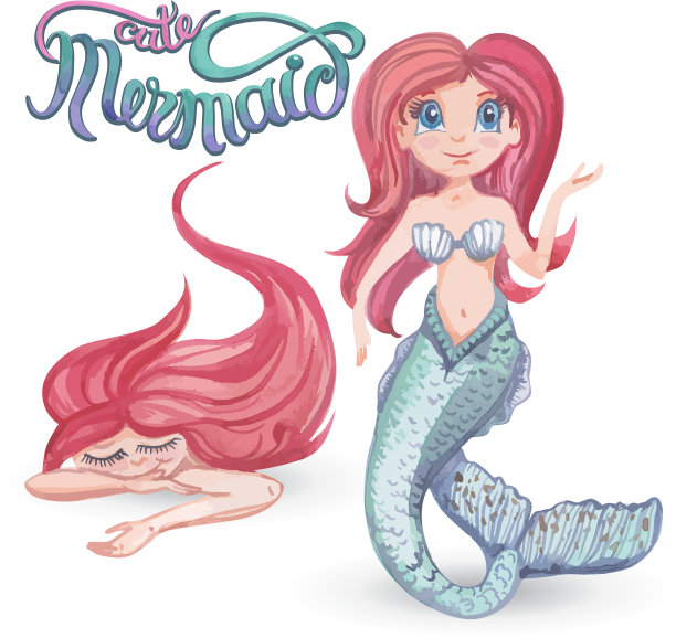 水彩画可爱的美人鱼蟹图片下载