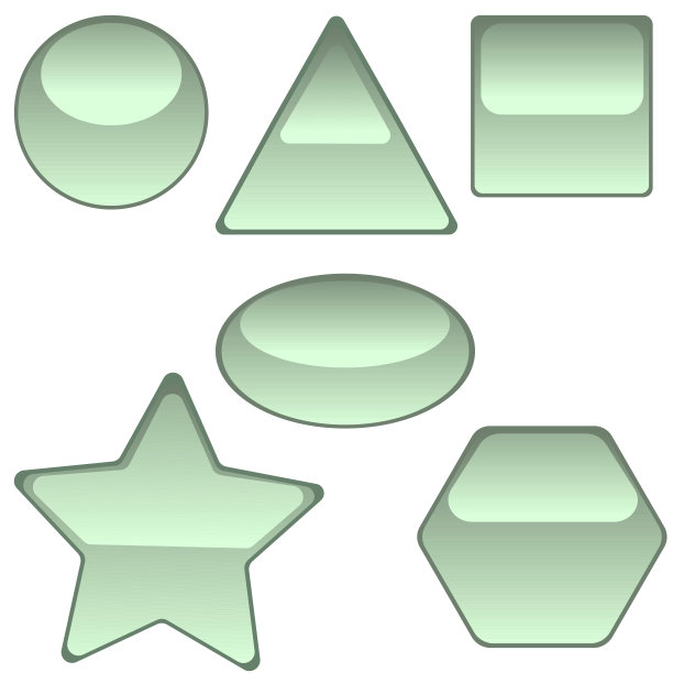 带有镜面效果的饱和颜色的浅绿色体积按钮。不同形状的按钮，在白色背景上有镜面效果。矢量图形。股票的照片。图片下载