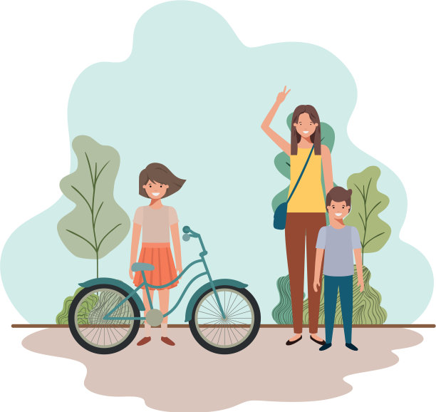 母亲和孩子与自行车在景观图片下载