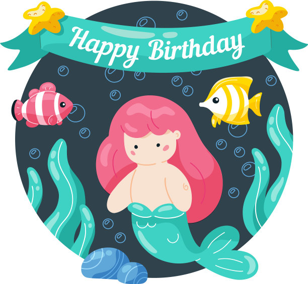 孩子们的生日贺卡上有可爱的小美人鱼和图片下载