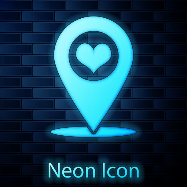 发光的霓虹灯地图指针与心脏图标孤立图片下载