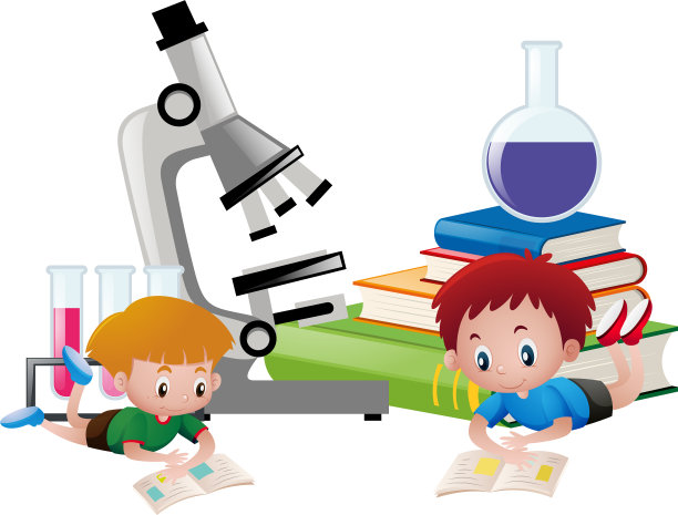 两个男孩在看书和科学设备图片下载