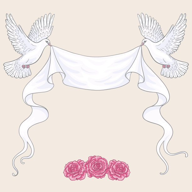 飞翔的鸽子带着丝带和粉红色的玫瑰图片下载