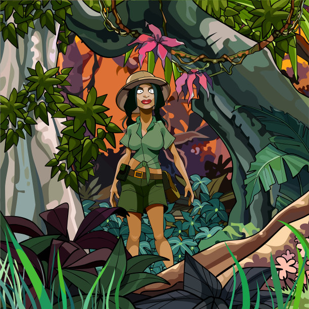 彩色丛林中的卡通女旅行者图片下载