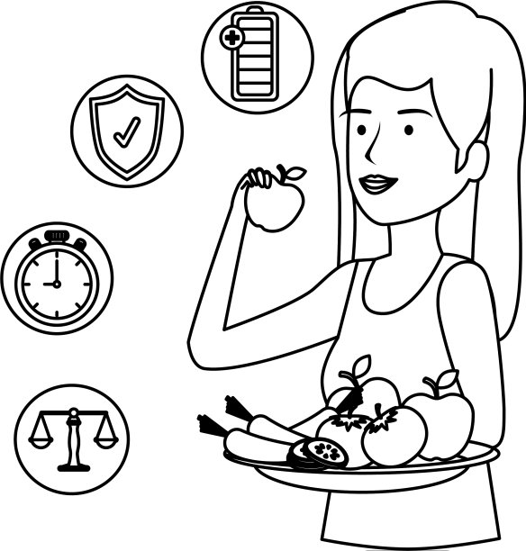 女性吃健康食品和设置图标图片下载