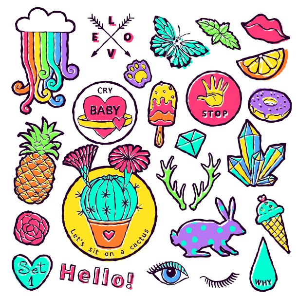 卡通八九十年代的时尚贴片徽章元素图片下载