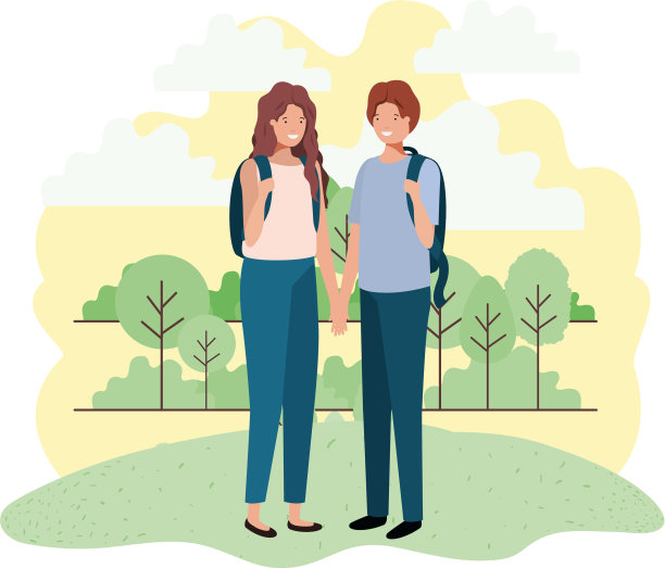 一对年轻夫妇拿着书包在公园里图片下载