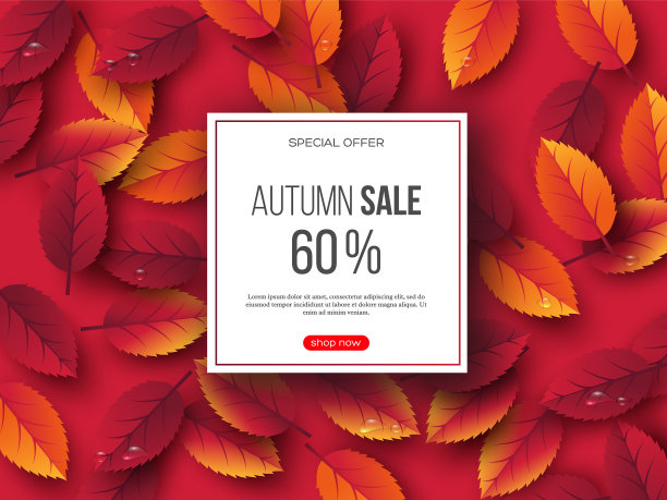 秋天的销售横幅上有3d树叶和水滴图片下载
