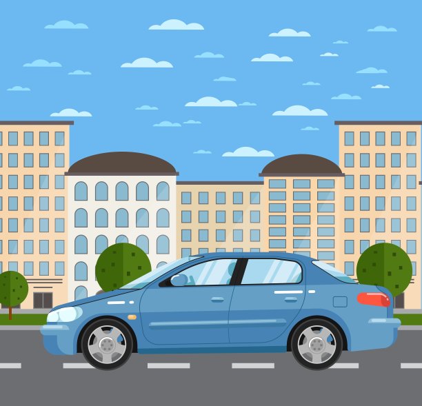 蓝色舒适的轿车在城市道路上图片下载