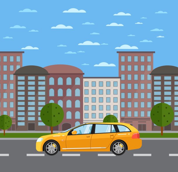 黄色环球城市汽车在城市道路上图片下载