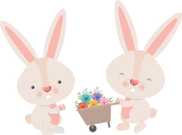 小兔与手推车和花孤立的图标图片下载