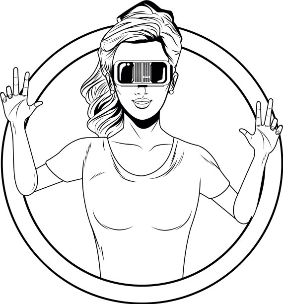 女人戴着虚拟现实耳机黑白两色图片下载