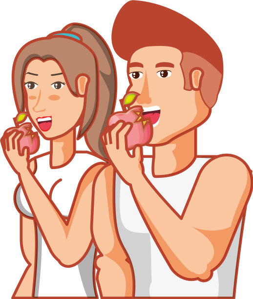 年轻的运动员夫妇在吃苹果图片下载