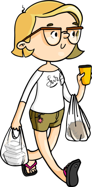 可爱的卡通女孩拿着购物袋和咖啡图片下载