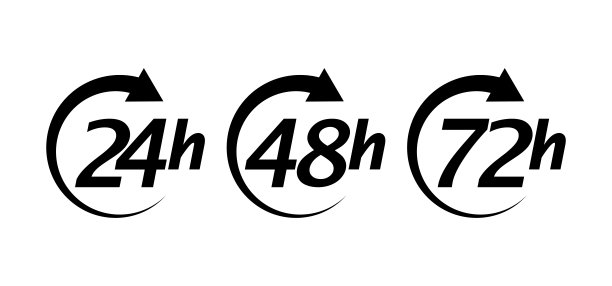 24、48、72小时工作时间或送货服务时间表。一组黑色图标时钟箭头。向量图片下载