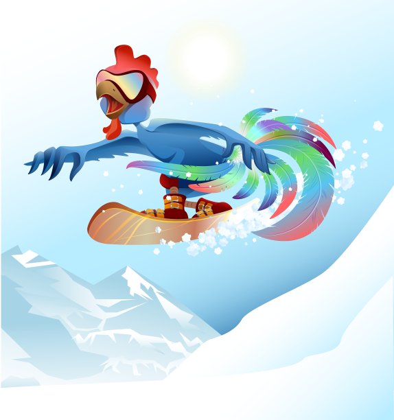 蓝公鸡在滑雪板上骑山图片下载