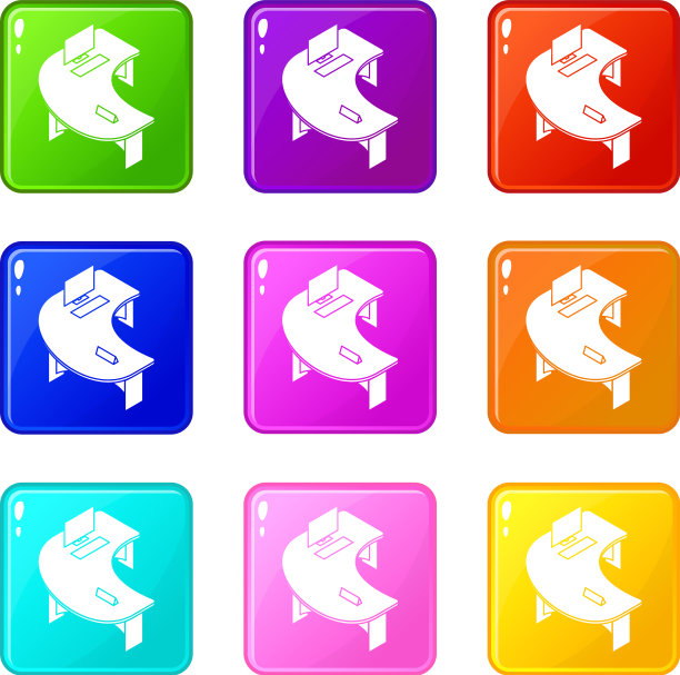 椭圆形办公室桌子图标设置9个颜色集合图片下载