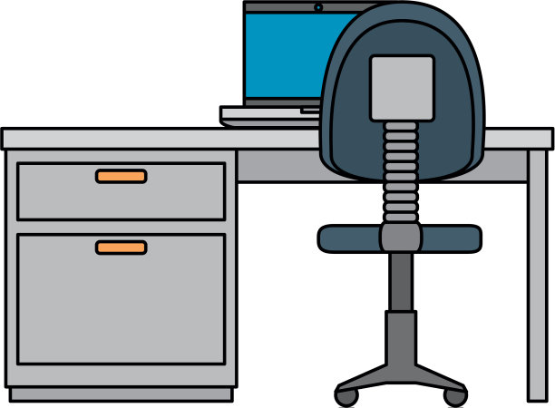 笔记本电脑在桌子和办公椅上图片下载